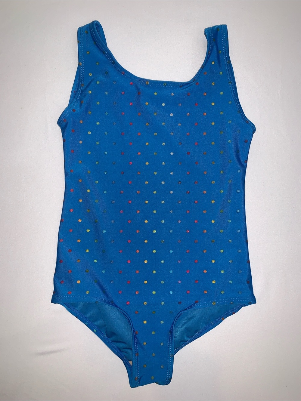 Danskin Girls' Gymnastics Tank Leotard, Blue with Rainbow Dots